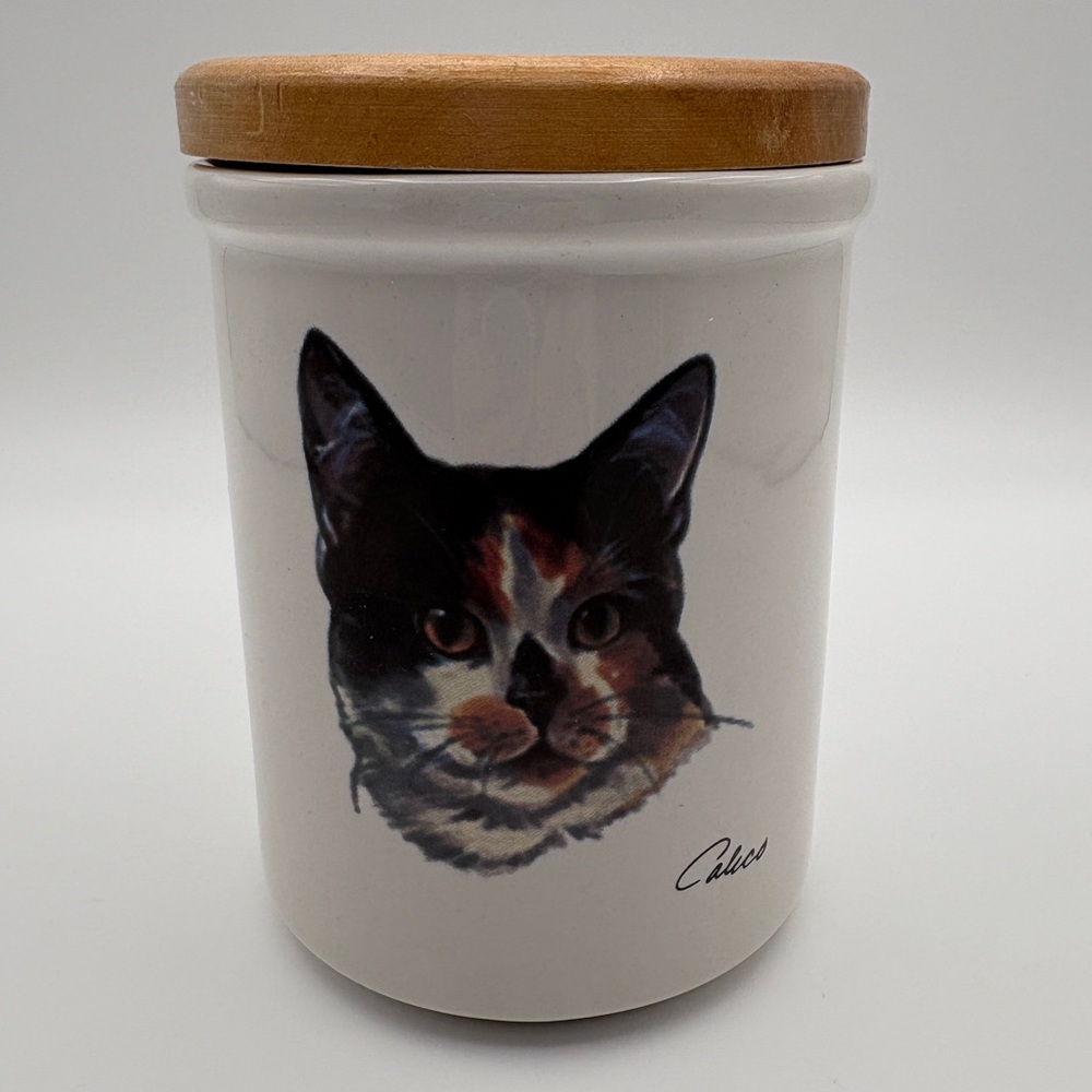 Calico Cat Ceramic Canister with Wooden Lid